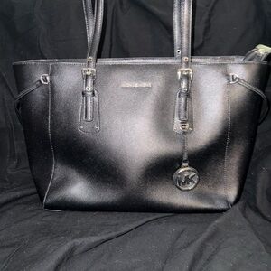 Michael Kors Black Saffiano Leather Jet Set Tote MK Charm Shoulder Bag